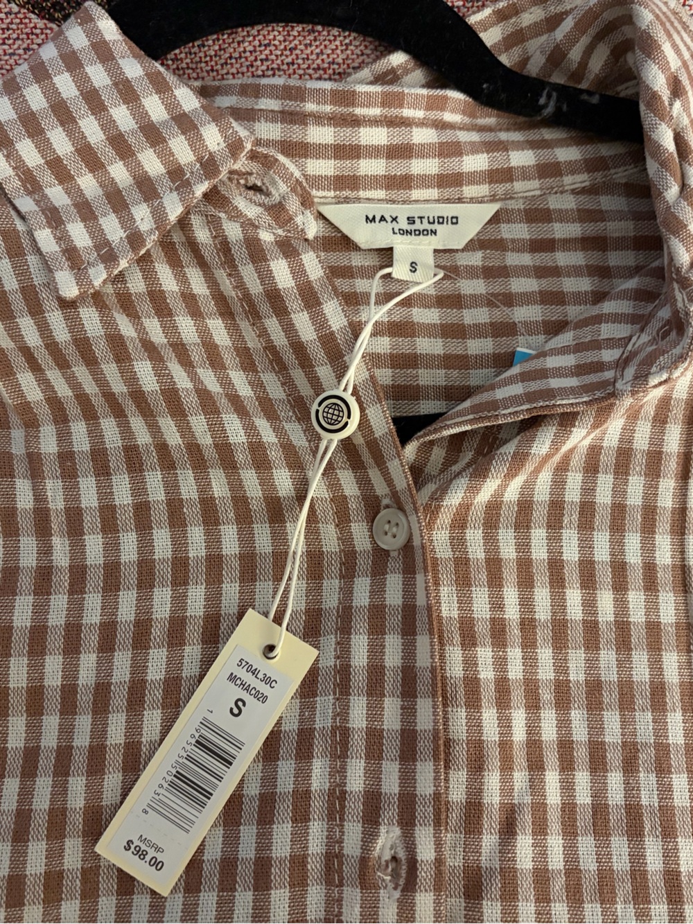 Max Studio London blouse Tan & White Gingham Button Front Shirt size small new
